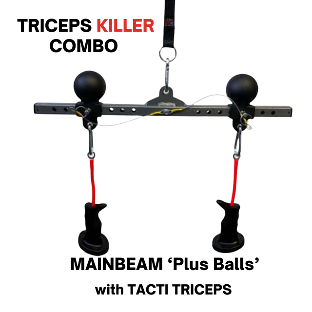 The PULL FORCE 'MAINBEAM' Modular Cable Attachment features two black rubber balls, handles, and "KILLER" label on top, designed for intense tricep workouts. Shown on a black background.