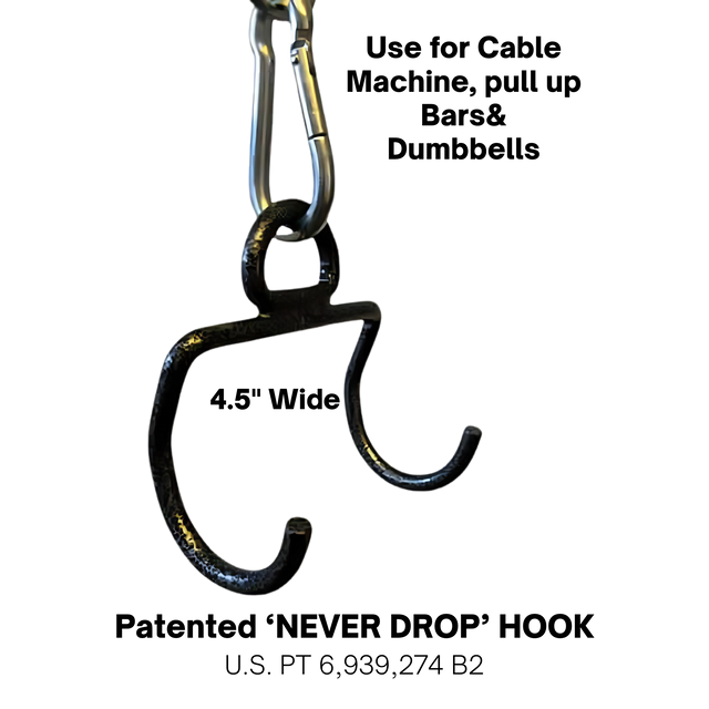 The Massive BULL TAIL 2" Tricep Attachment Tricep Rope Extreme hangs from a carabiner, displaying its metal hook with two curved prongs against a black background.