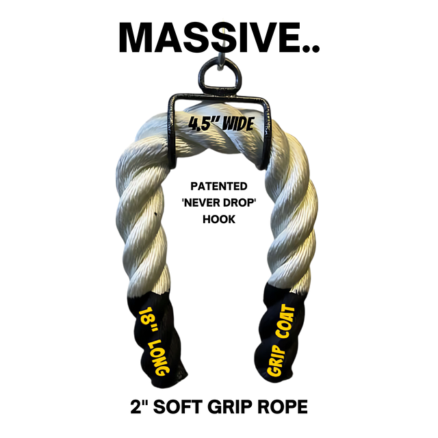 The Massive BULL TAIL 2" Tricep Attachment Tricep Rope Extreme features a thick twisted grip with black ends, measuring 18" long and 4.5" wide with "GRIP COAT," perfect for building grip muscles on any cable machine.
