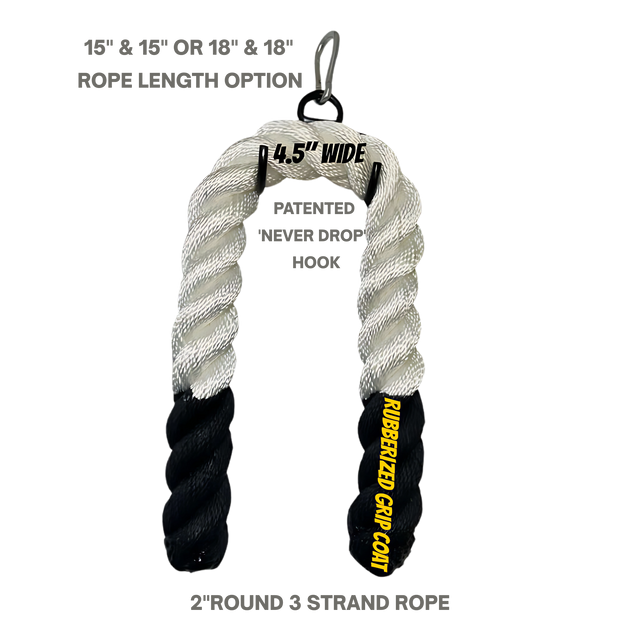 The Massive BULL TAIL 2" Tricep Attachment Tricep Rope Extreme! features black and white twisted rope with a metal hook—ideal for cable machines to target grip muscles during your workout.