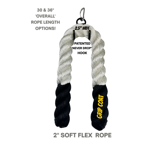 The Massive BULL TAIL 2" Tricep Attachment Tricep Rope Extreme! is a black and white twisted cable machine attachment with "GRIP COAT" text, designed to enhance grip strength during workouts.