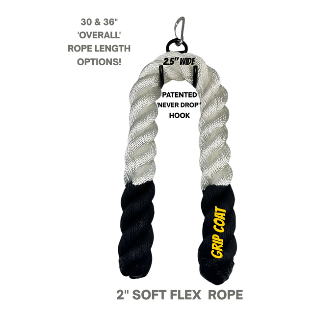 The Massive BULL TAIL 2" Tricep Attachment Tricep Rope Extreme! is a black and white twisted cable machine attachment with "GRIP COAT" text, designed to enhance grip strength during workouts.