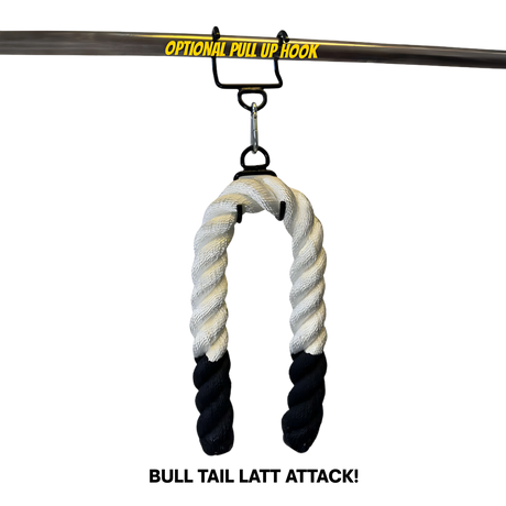 The Massive BULL TAIL 2" Tricep Attachment Tricep Rope Extreme! features black ends and hangs from an "OPTIONAL PULL UP HOOK," perfect for grip training during triceps pushdowns and various cable exercises.