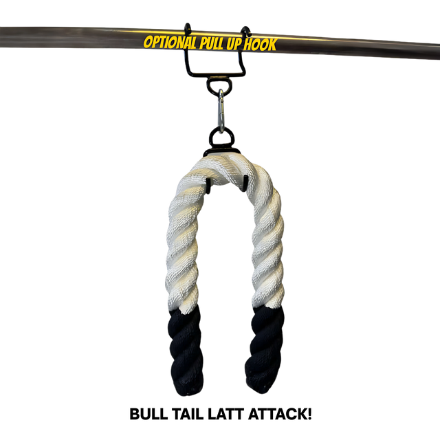 The Massive BULL TAIL 2" Tricep Attachment Tricep Rope Extreme! features black ends and hangs from an "OPTIONAL PULL UP HOOK," perfect for grip training during triceps pushdowns and various cable exercises.