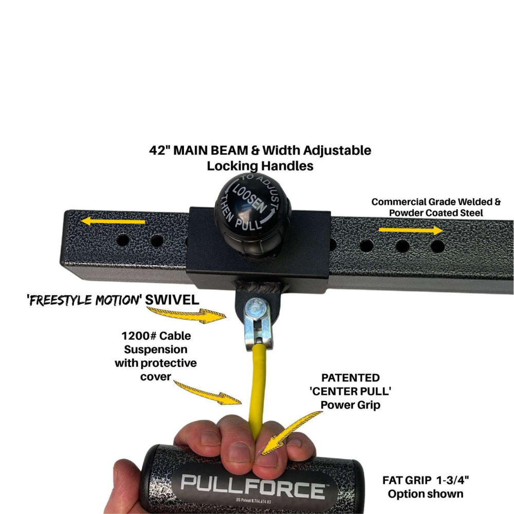The PULL FORCE 'Freestyle' Lat Pull Down Attachment features a 42" main beam, center pull grip, 1200-pound cable suspension, and Split Finger Power for enhanced control.