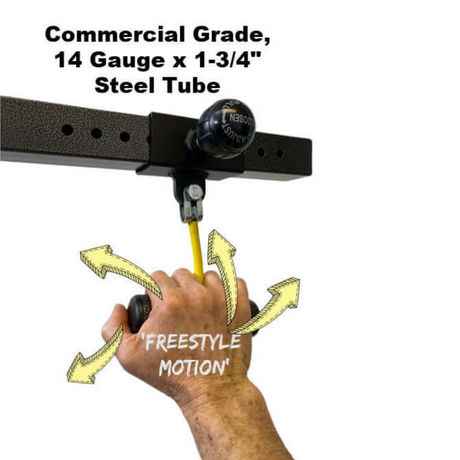 A hand grips a pull-up bar with a yellow resistance band, showcasing "Freestyle Motion" and "Commercial Grade" text above. Experience the power of PULL FORCE 'Freestyle' The Best Lat Pull Down Attachment for enhanced workout versatility with its Split Finger design.