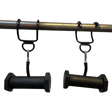 Two black PULL FORCE GEN2 Handles for Pull up Bar, shaped like dumbbells, hang from a sturdy metal pull up bar.