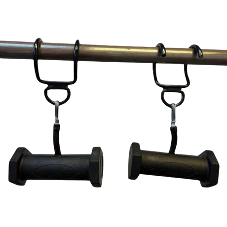 Two black PULL FORCE GEN2 Handles for Pull up Bar, shaped like dumbbells, hang from a sturdy metal pull up bar.