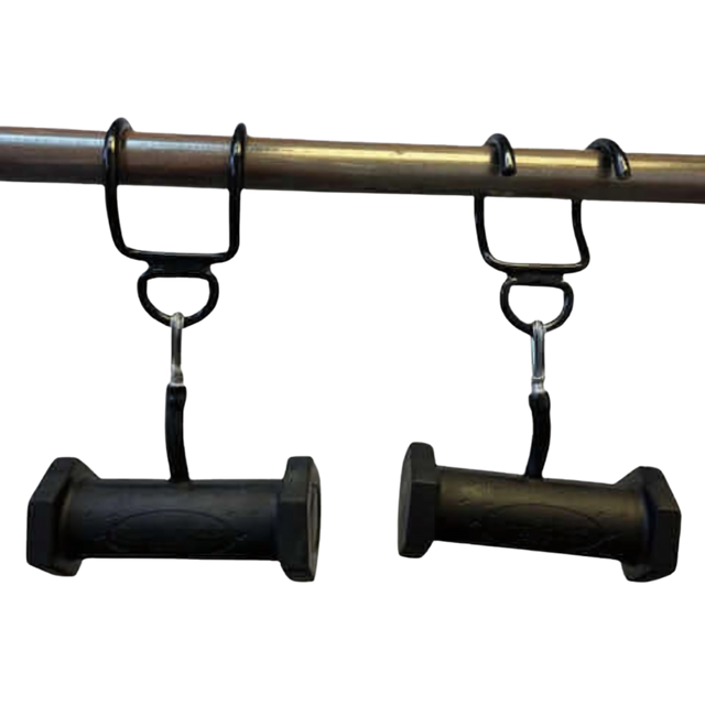 Two black PULL FORCE GEN2 Handles for Pull up Bar, shaped like dumbbells, hang from a sturdy metal pull up bar.
