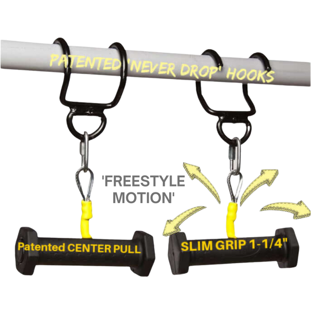 Two black PULL FORCE GEN2 Handles for Pull up Bar with yellow text are shown hanging, showcasing freestyle motion and enhanced grip for better muscle stimulation.