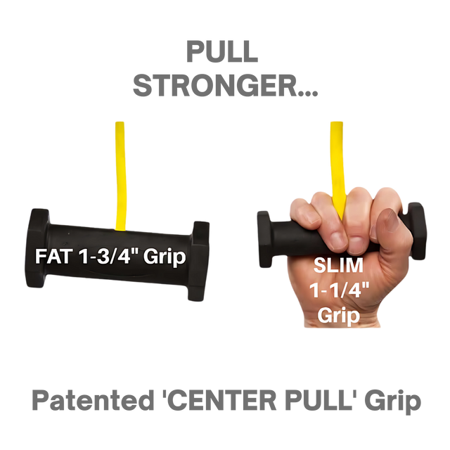 Two grips—thick and slim—with yellow center straps for multiple hand positions. Compatible with PULL FORCE GEN2 Handles for Pull up Bar, designed to boost muscle stimulation during pull-up workouts.