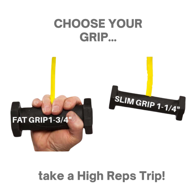 Two hands grip PULL FORCE GEN2 Handles for Pull up Bar, shown with "FAT GRIP 1-3/4"" and "SLIM GRIP 1-1/4"" options, highlighting increased muscle stimulation.