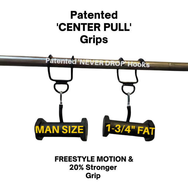 The PULL FORCE GEN2 Handles for Pull up Bar feature patented NEVER DROP Hooks and labeled grips ("MAN SIZE" and "1-3/4'' FAT") on a black bar with two hooks, delivering an advanced pull-up bar experience.