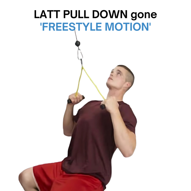 Man in red shorts and maroon shirt using PULL FORCE GEN 2 Double Grips Cable Gym Attachment, text above reads "FREESTYLE MOTION".