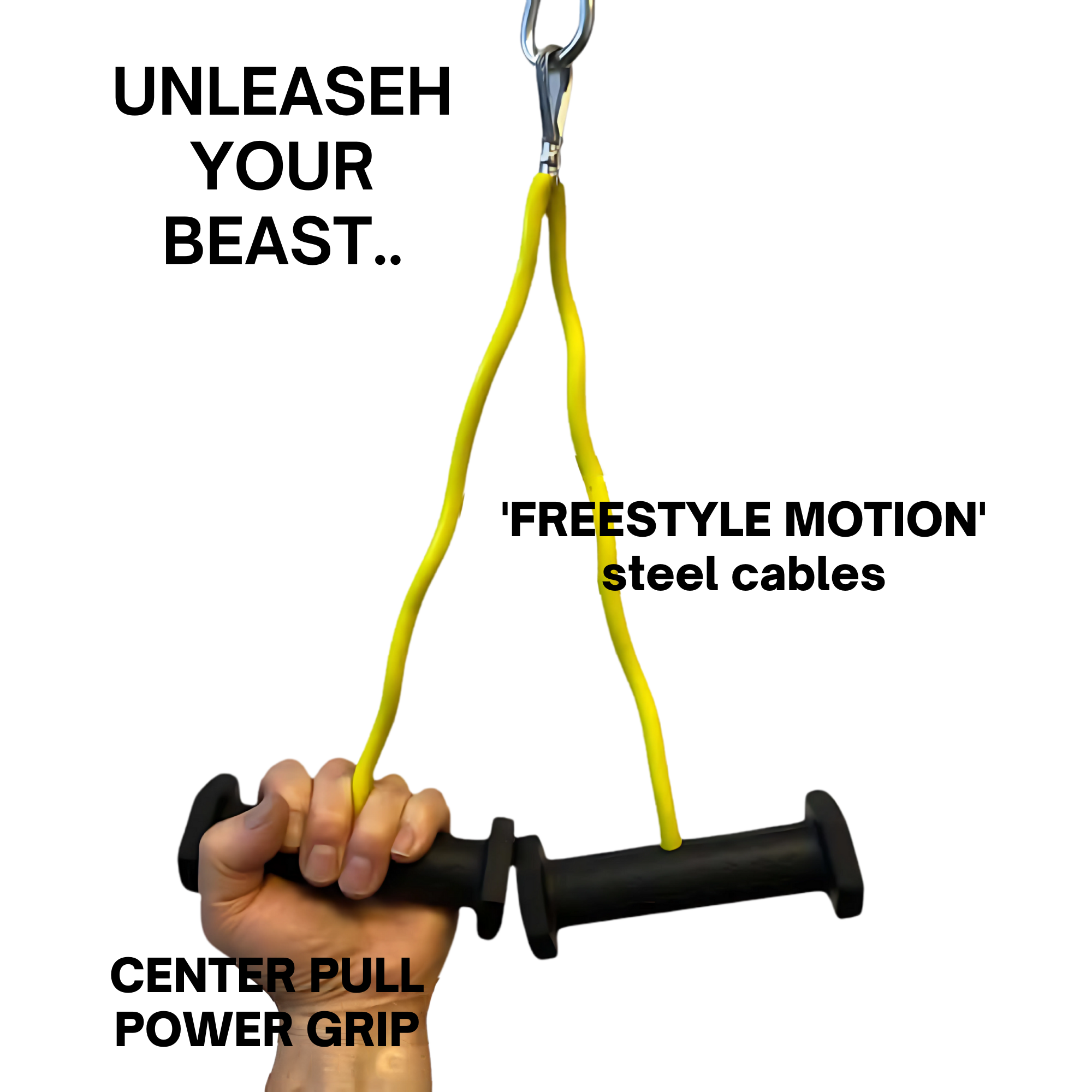 A hand grips the black PULL FORCE GEN 2 Double Grips Cable Gym Attachment, designed for Freestyle Motion Cables, which is secured to a yellow resistance band with a metal clip.