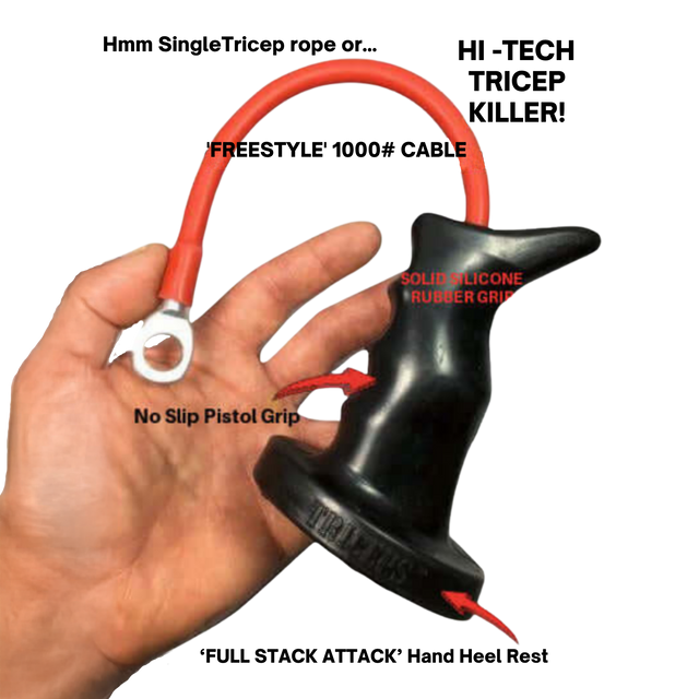 A hand holds the PULL FORCE 'MAINBEAM' Modular Cable Attachment, a black and red grip tool with a no-slip pistol grip and flexible silicone handle, ideal for cable machine exercises.