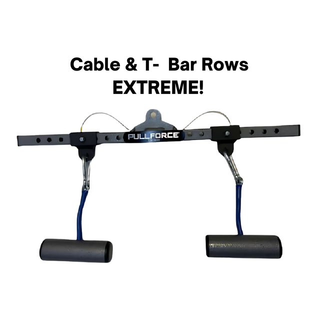 The PULL FORCE 'MAINBEAM' Modular Cable Attachment features two handles and a bold center logo, ideal as a cable machine or tricep bar to enhance your gym workouts.