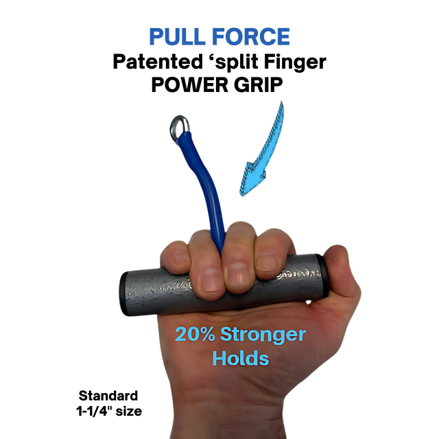 A hand grips the PULL FORCE 'MAINBEAM' Modular Cable Attachment, featuring a blue arrow and "20% Stronger Holds" text, perfect for boosting your cable machine workouts.