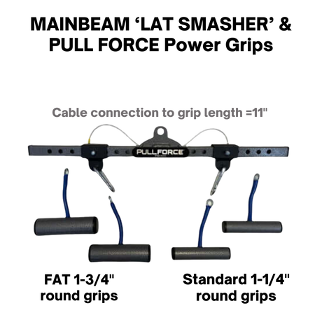 The PULL FORCE 'MAINBEAM' Modular Cable Attachment in black features four grip handles and an 11-inch cable connection to grip length. Ideal for Cable Machines or as a Tricep Bar for versatile gym workouts.