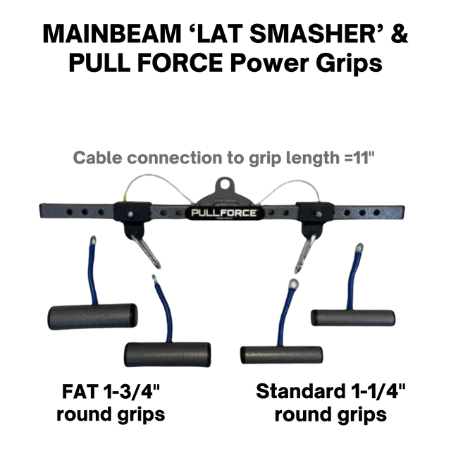 The PULL FORCE 'MAINBEAM' Modular Cable Attachment in black features four grip handles and an 11-inch cable connection to grip length. Ideal for Cable Machines or as a Tricep Bar for versatile gym workouts.