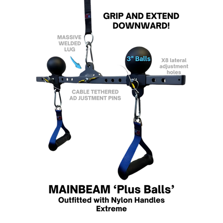 The PULL FORCE 'MAINBEAM' Modular Cable Attachment features black metal handles, adjustment holes, labeled 3" balls, pins, and a welded lug—perfect for cable machine workouts.