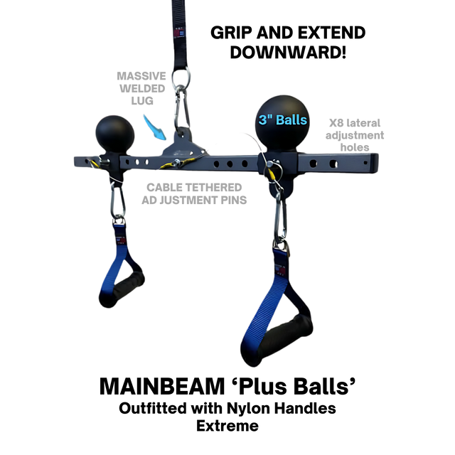 The PULL FORCE 'MAINBEAM' Modular Cable Attachment features black metal handles, adjustment holes, labeled 3" balls, pins, and a welded lug—perfect for cable machine workouts.