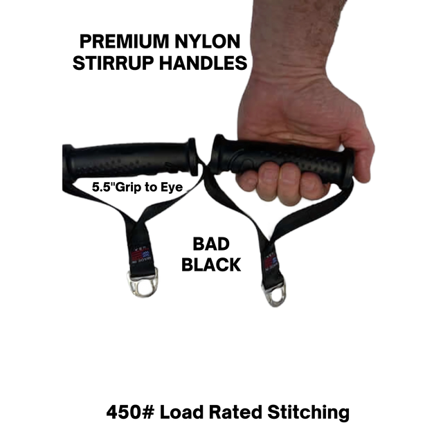 A hand holds two black PULL FORCE 'MAINBEAM' Modular Cable Attachments for Gym, resembling cable machine bar handles, against a black background.