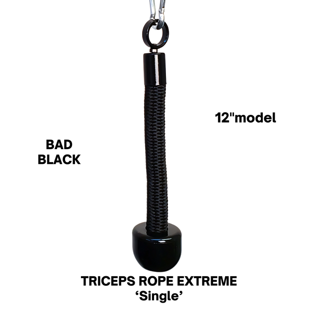 The PULL FORCE 'MAINBEAM' Modular Cable Attachment is a black braided keychain with a looped top and round, glossy end, resembling a tricep bar grip—a sleek accessory that showcases true PULL FORCE style.