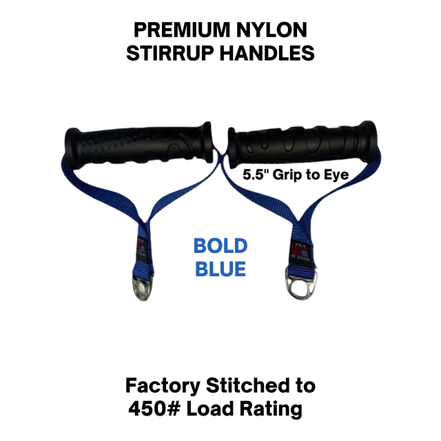 Two black handles with bold blue straps and metal clips, labeled "BOLD BLUE"—perfect for your Cable Machine Bar or Tricep Bar. Use PULL FORCE 'MAINBEAM' Modular Cable Attachments for maximum pull force during workouts.