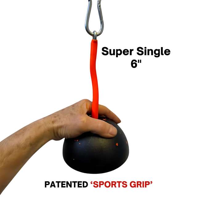 Hand gripping a PULL FORCE 'MAINBEAM' Modular Cable Attachment in black with a red strap, hanging from a metal hook—perfect for cable machine exercises; "SPORTS GRIP" text visible.