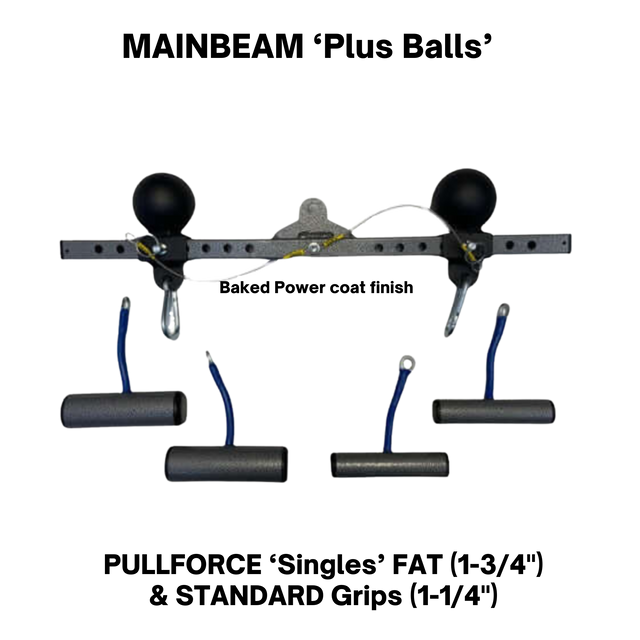 The PULL FORCE 'MAINBEAM' Modular Cable Attachment is a black metal device with two round clamps, hooks, and four blue-handled grips—perfect for use with a modular cable machine or as a tricep bar accessory.