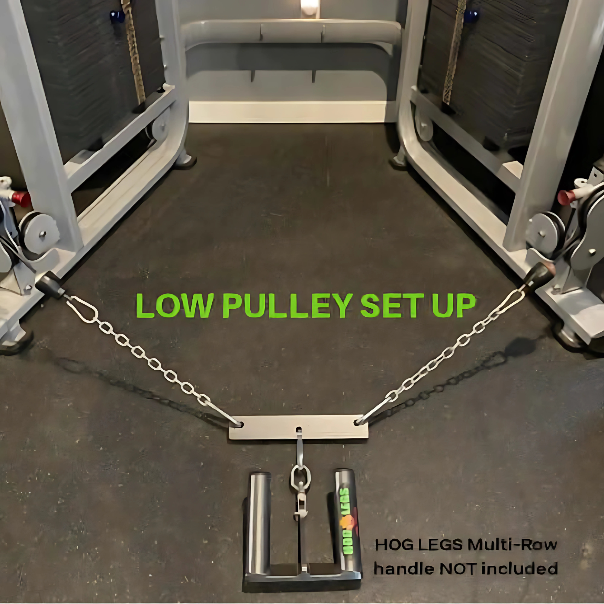 The PULL FORCE MULTIPLIER of Gym Cable Machine Weight Stacks connects between two stacks with chains and a bar (handle not included), features enhanced performance, and is backed by a Lifetime Replacement Warranty.