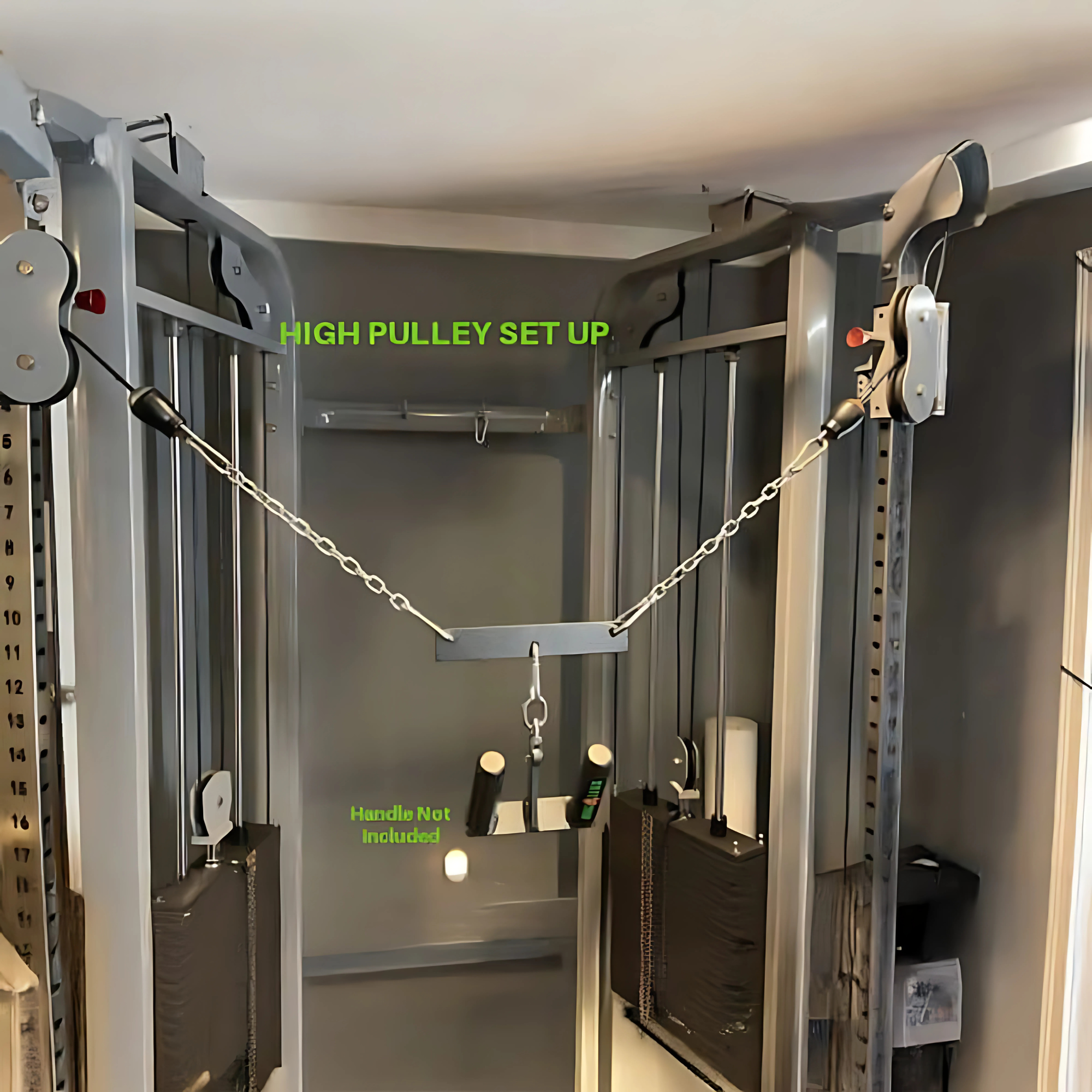The PULL FORCE MULTIPLIER of Gym Cable Machine Weight Stacks features a durable metal chain and bar for high pulley setups (handle not included). Compatible with most cable machines.