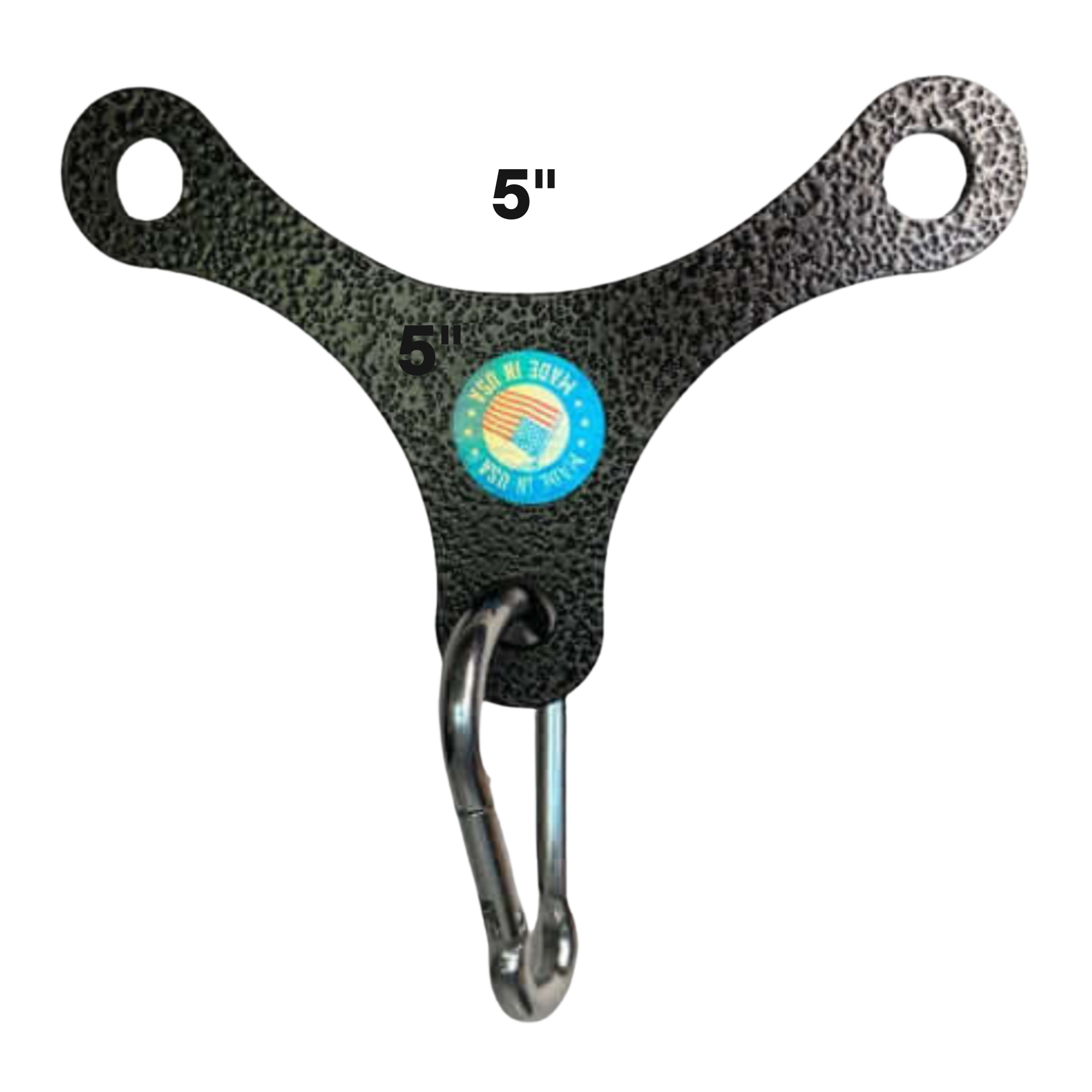 The PULL FORCE Mini Multiplier Home Gym Cable Machine Yoke is a black metal wall hook with three rounded arms, a carabiner, and a blue circular label—perfect for organizing gear used with Dual Cable machines.