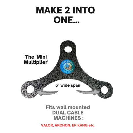 The PULL FORCE Mini Multiplier Home Gym Cable Machine Yoke is a black metal attachment for dual cable machines, with a 5" span and two hooks. Comes with a lifetime replacement warranty for peace of mind.
