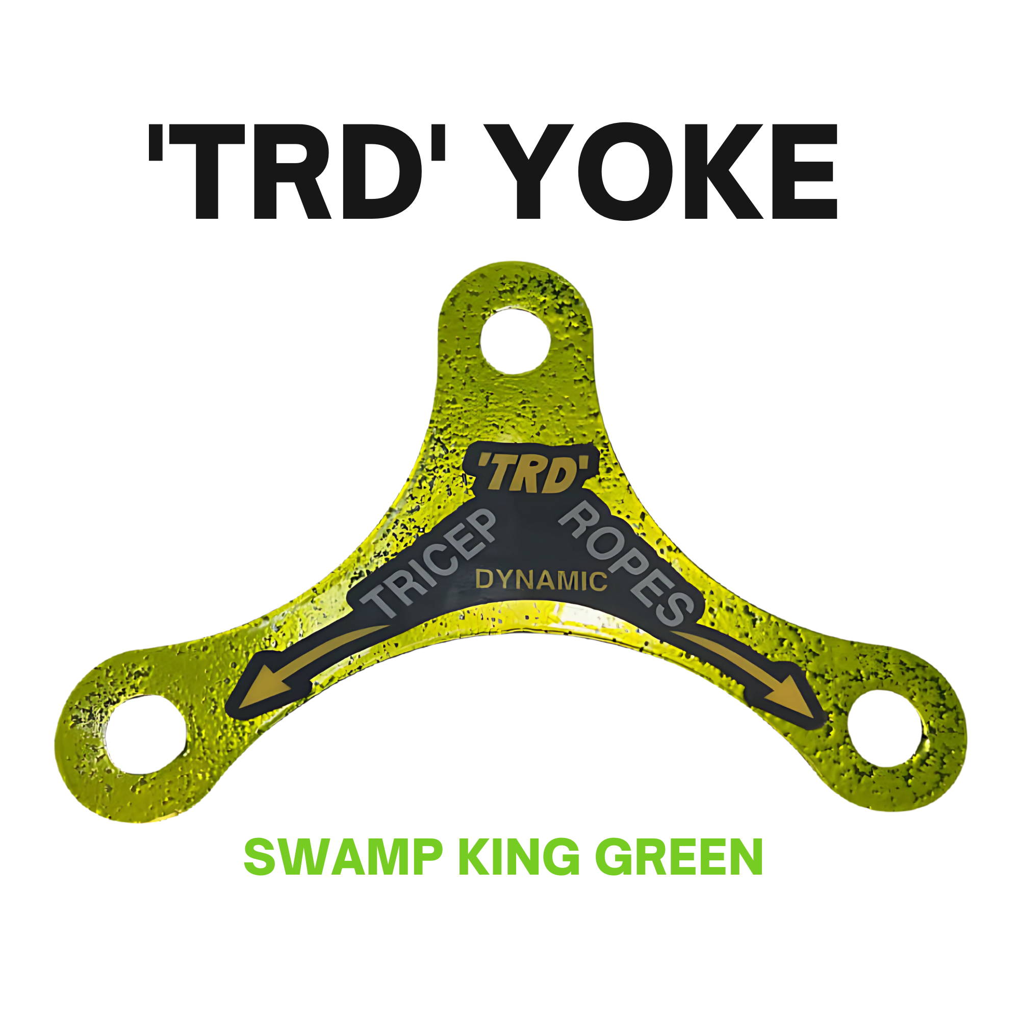 A green yoke labeled “PULL FORCE Mini Multiplier Home Gym Cable Machine Yoke” with “SWAMP KING GREEN” below, designed for dual cable machines and covered by a lifetime replacement warranty.