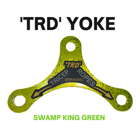A green yoke labeled “PULL FORCE Mini Multiplier Home Gym Cable Machine Yoke” with “SWAMP KING GREEN” below, designed for dual cable machines and covered by a lifetime replacement warranty.