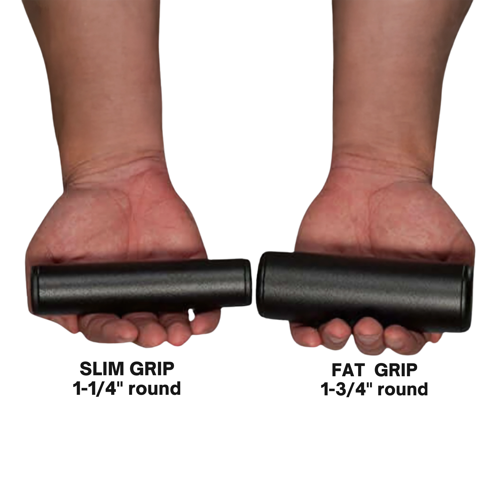 Two hands hold the PULL FORCE Olympic T Bar Row Handle 'PLUS' Stand, featuring black cylindrical grips—left labeled SLIM and right FAT GRIP, with the slim grip thinner—ideal for Freestyle Motion or T Bar Row workouts.
