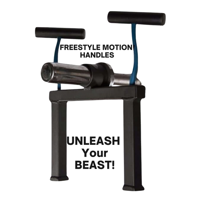 Unleash Your BEAST with the PULL FORCE Olympic T Bar Row Handle 'PLUS' Stand—black and blue, featuring Split Finger Handles for unbeatable grip and freestyle motion handles for dynamic workouts!.