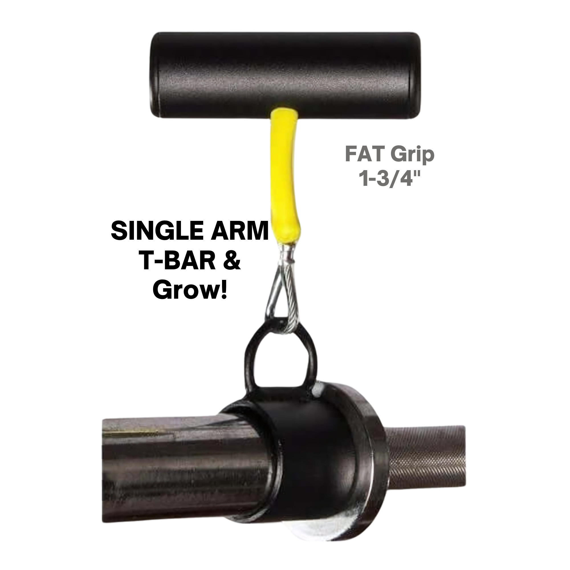The PULL FORCE 'Single' Landmine Attachment for Barbell Handle features a black T-shaped motion handle with a yellow stem and metal clip, ideal for T-Bar Row exercises. Text reads "FAT Grip 1-3/4".