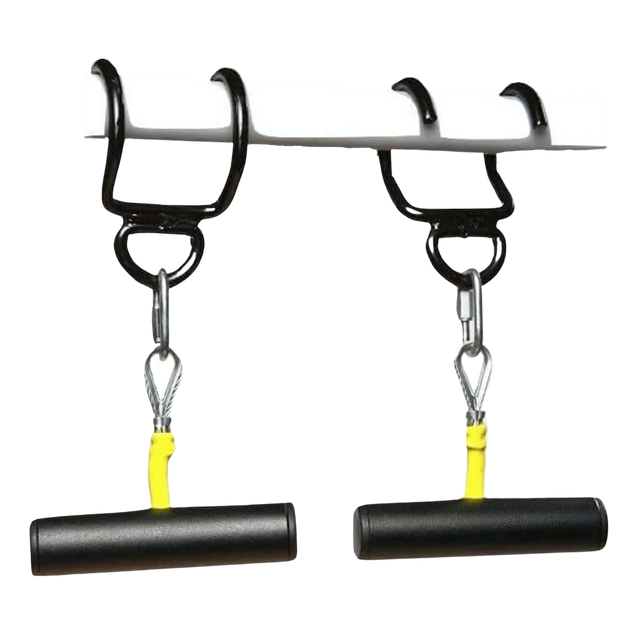 Two black and yellow Freestyle Pullup Handles hang from hooks on the PULL UP BAR WORKOUT 'Extreme pack' by LPGmuscle.