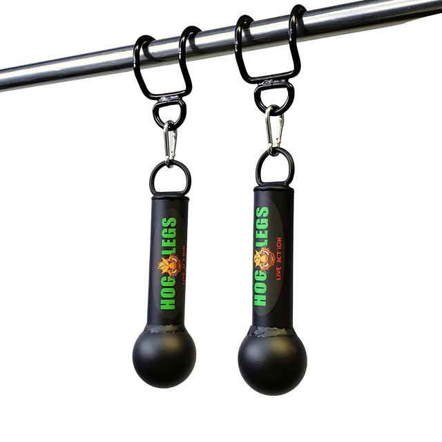 Two black cylindrical Hog Legs Freestyle Pullup Handles hang from hooks on the PULL UP BAR WORKOUT 'Extreme pack' by LPGmuscle.