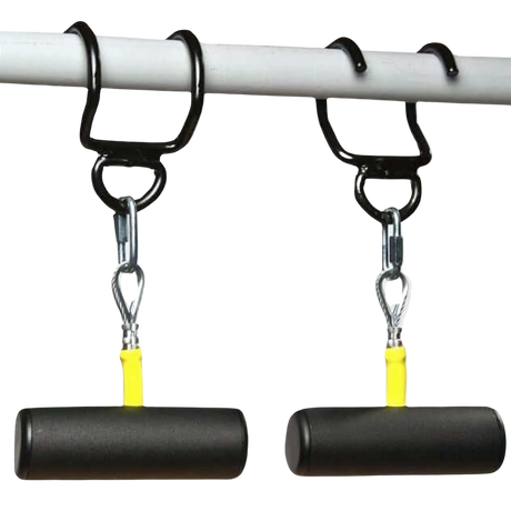 Two black and yellow Freestyle Pullup Handles hang from metal hooks on the PULL UP BAR WORKOUT 'Extreme pack' by LPGmuscle.