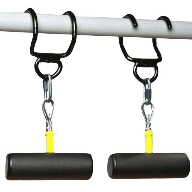 Two black and yellow Freestyle Pullup Handles hang from metal hooks on the PULL UP BAR WORKOUT 'Extreme pack' by LPGmuscle.