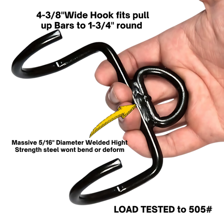 A hand holds a black metal Patented DIPPING BELT HOOK for Dip Belt with Chain, featuring interlocking hooks and a yellow key trapped inside.