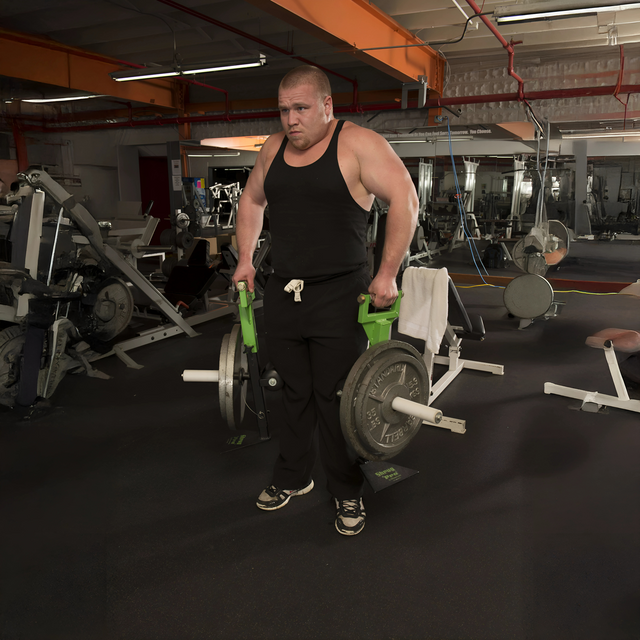 A man at the gym wearing a black tank top holds heavy weights using the SHRUG PRO Freestanding Hex Bars Trap Bar Barbell Shrug Alternative (Without Rollers), featuring a patented freestanding design and adjustable handles for maximum performance.