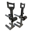 The SHRUG PRO Freestanding Hex Bars Trap Bar Barbell Shrug Alternative—without rollers—is a pair of black and gray adjustable squat racks with handle grips, perfect for use with a trap or hex bar, isolated on white.
