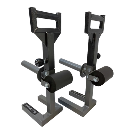 The SHRUG PRO Freestanding Hex Bars Trap Bar Barbell Shrug Alternative—without rollers—is a pair of black and gray adjustable squat racks with handle grips, perfect for use with a trap or hex bar, isolated on white.