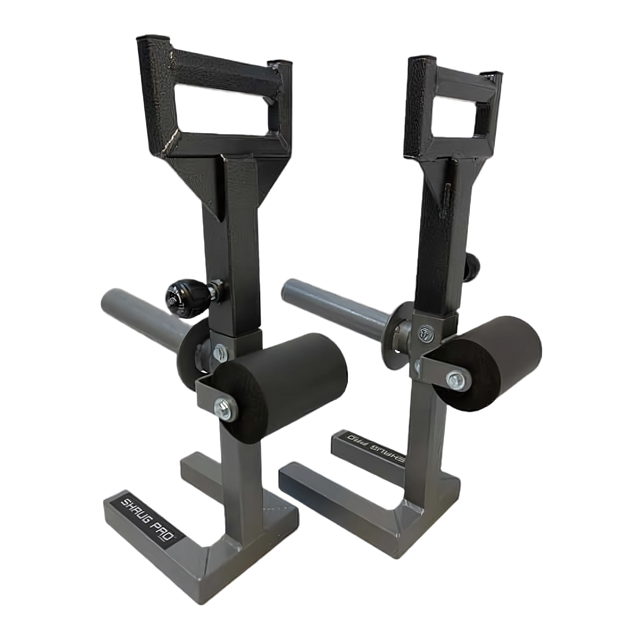 The SHRUG PRO Freestanding Hex Bars Trap Bar Barbell Shrug Alternative—without rollers—is a pair of black and gray adjustable squat racks with handle grips, perfect for use with a trap or hex bar, isolated on white.