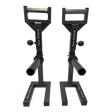 Pair of SHRUG PRO Freestanding Hex Bars, a barbell shrug alternative without rollers, in black metal with sturdy bases and patented freestanding design, featuring adjustable handles and shown side by side.